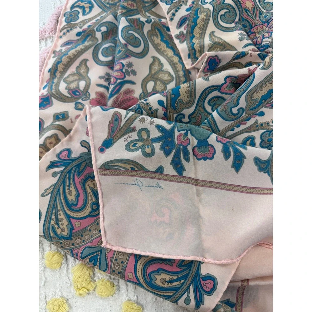Ginnie Johansen Vintage Paisley Floral Oblong Scarf Pink Teal Boho Accessory